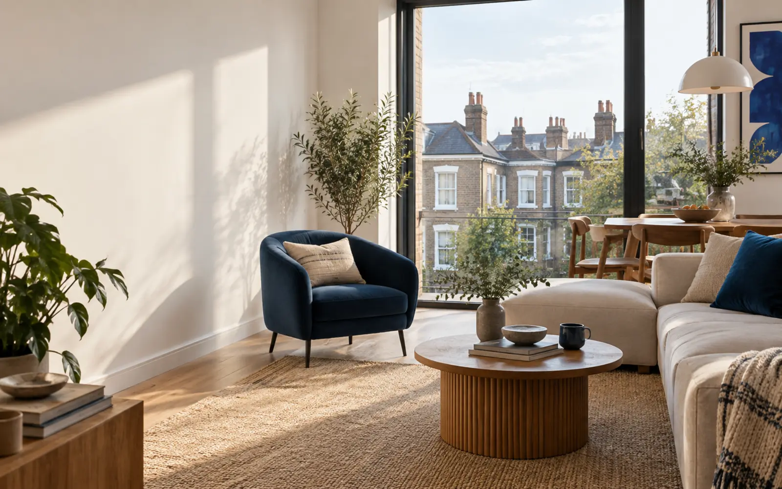 Bright living room with London terrace views